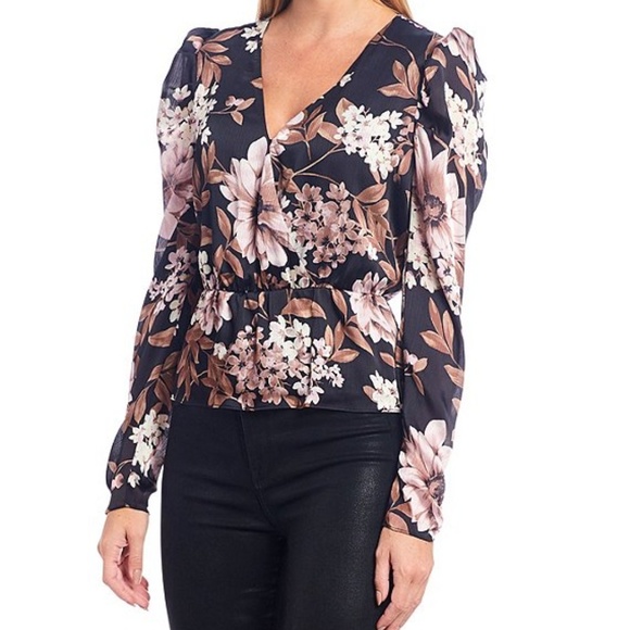 WAYF Floral Print Puff Sleeve Satin Peplum Blouse